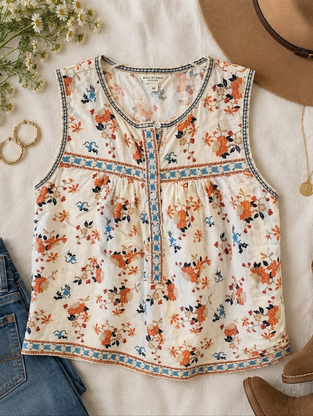 Boho Ditsy Floral Blouse Top Cream Rust Blue Sleeveless Cottagecore